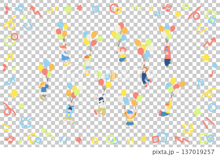 一組兒童手持氣球飛行的扁平化插圖，配有簡單的圖標 137019257
