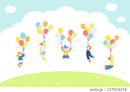 外で楽しそうに風船につかまって飛ぶこども達のフラットなイラスト（セット） 137019258