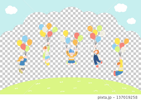 一組兒童在戶外玩耍、手持氣球、飛翔的扁平化插畫。 137019258