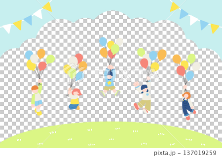 Flat illustrations (set) of children having fun outside holding balloons and flying with garlands 137019259