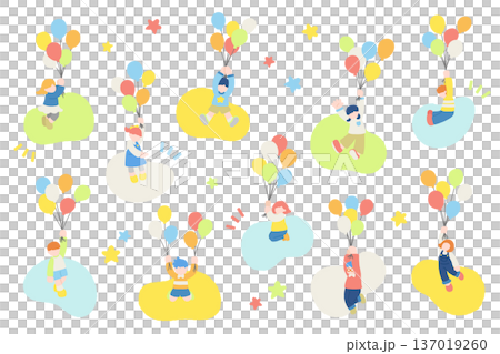 一組兒童乘坐氣球飛行的扁平化插圖，背景簡潔。 137019260