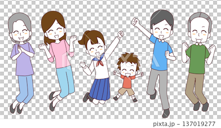 Illustration of a three-generation family jumping with a smile Illustration of a three-generation family jumping with a smile 137019277