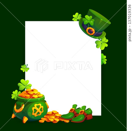 Frame banner with St Patrick holiday shamrock clover, leprechaun hat, golden coins in a pot and green lucky boots. Festive rectangular template for greeting card, photo frame, party invitations 137019336