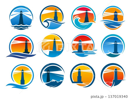 Lighthouse and bacon icons of vector light house towers, sea beach and waves silhouettes. Abstract seaside lighthouse and nautical beacon tower buildings silhouettes at sunset and night round icons Lighthouse and bacon icons of vector light house towers, sea beach and waves silhouettes. Abstract seaside lighthouse and nautical beacon tower buildings silhouettes at sunset and night round icons 137019340