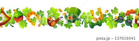 St Patrick day holiday banner with shamrock clover and leprechaun golden coins, horseshoes, mustaches, harps and tobacco pipes. Festive horizontal border, seasonal decor for Irish party celebration 137019341