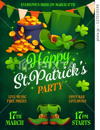 St Patrick holiday party flyer featuring gold coins, green leprechaun hat and boots, shamrocks and festive bunting. Vector invitation promotes live music, giveaways and Irish celebration on march 17th 137019349