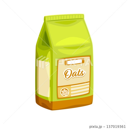 Cartoon oat package with oats label. Vector cereal grains or flakes natural product in paper bag, healthy breakfast ingredient packaging isolated on white background. Oatmeal food supply storage Cartoon oat package with oats label. Vector cereal grains or flakes natural product in paper bag, healthy breakfast ingredient packaging isolated on white background. Oatmeal food supply storage 137019361