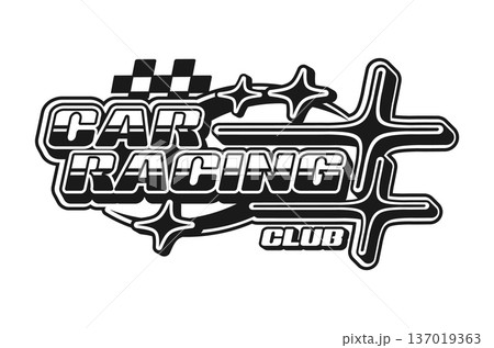 Auto drag race club vintage Y2K icon or emblem. Rally speed racing grand prix 60s 70s vector symbol, motorsport Y2K sign. Formula 1 race competition emblem with checkered pattern, stars and typography Auto drag race club vintage Y2K icon or emblem. Rally speed racing grand prix 60s 70s vector symbol, motorsport Y2K sign. Formula 1 race competition emblem with checkered pattern, stars and typography 137019363
