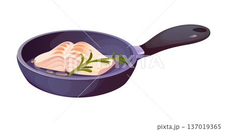 Fresh fish fillet frying in a pan with oil and rosemary leaf shows a cooking process with ingredients and heat. Cartoon vector natural and healthy seafood preparation kitchen and culinary scene 137019365