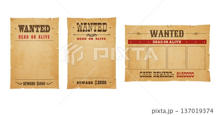 Vintage western wanted poster with aged paper texture, torn edges, and dead or alive text, cash reward amount and photo frame banner. Vector parchment with announcement for gangsters and criminal game 137019374
