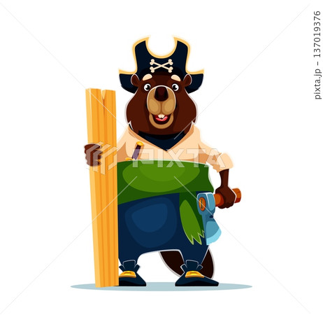 Cartoon beaver carpenter vector pirate character stands upright holding long wooden planks in one hand and axe in other. Cute beaver personage in blue trousers. Corsair beaver mascot for pirate party 137019376