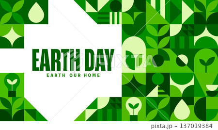Earth day banner with green geometric pattern and bold typography surrounded by eco friendly abstract motifs, plants and leaves shapes. Vector promotional environmental ecology and sustainability card 137019384