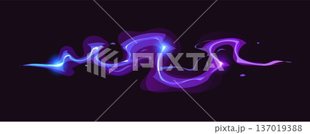 Cartoon purple glowing magic power wave, wizard game vfx light effect. Fantasy glow wave of energy. Vector neon magic light with abstract sparkle trail for combat game, animation or fx effects 137019388
