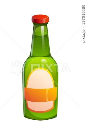 Cartoon beer bottle drink, alcohol beverage. Vector alcoholic beverage with green glass body, red top cap and blank label area. Classic bar menu alco drink container, storage for liquid product 137019389