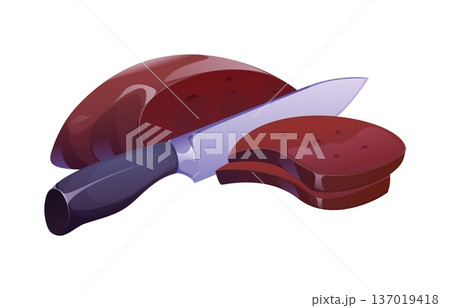 Cartoon sliced beef liver being cut with a kitchen knife utensil, showcasing food preparation and cooking process. Isolated vector culinary preparation scene with fresh raw meat ready for cooking 137019418