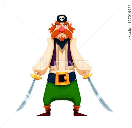 Cartoon pirate warrior character standing with both arms extended, gripping two curved cutlasses. Fierce corsair character with a large red mustache and beard. Funny Caribbean personage for kids party Cartoon pirate warrior character standing with both arms extended, gripping two curved cutlasses. Fierce corsair character with a large red mustache and beard. Funny Caribbean personage for kids party 137019423
