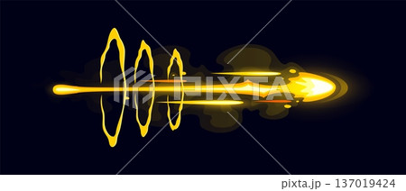 Game gun or blaster shoot light effect. Cartoon vector yellow vfx laser light, magic energy and spark glow trail for fantastic weapon explosion. Gun shot, lightning flash, trace with streak and steams Game gun or blaster shoot light effect. Cartoon vector yellow vfx laser light, magic energy and spark glow trail for fantastic weapon explosion. Gun shot, lightning flash, trace with streak and steams 137019424