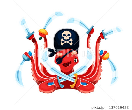 Cute octopus animal pirate vector character with red body, black tricorn hat and eye patch. Cartoon octopus corsair holds multiple sharp sabers in its long tentacles Cute octopus animal pirate vector character with red body, black tricorn hat and eye patch. Cartoon octopus corsair holds multiple sharp sabers in its long tentacles 137019428