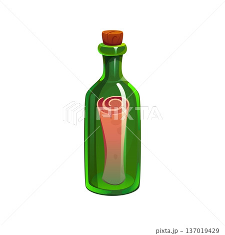 Cartoon bottle with pirate treasure map. Sea adventure icon, game asset, mysterious glass bottle. Vector green transparent glass flask, sealed with a cork, encases a rolled parchment with message 137019429