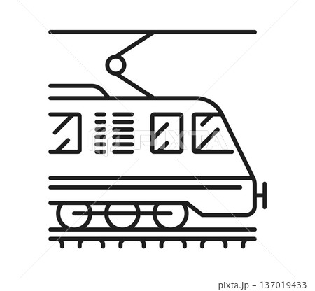 Electric train locomotive, railway transport line icon or symbol. Railway logistics outline sign, railroad transport industry locomotive thin line vector pictogram. Passenger and cargo train icon 137019433