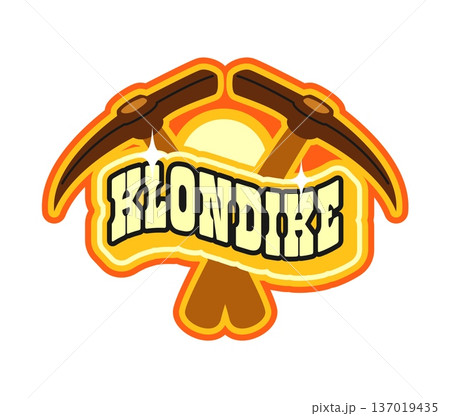Klondike western and Wild West Y2K groovy sticker or retro print. Texas gold fever groovy vector label, Wild West history sticker. Western patch with miner crossed pick axes and golden typography text Klondike western and Wild West Y2K groovy sticker or retro print. Texas gold fever groovy vector label, Wild West history sticker. Western patch with miner crossed pick axes and golden typography text 137019435