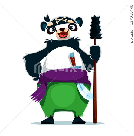 Cartoon panda cannon gunner pirate vector character. Corsair wears green trousers, purple sash and holds a heavy spiked club in paw, while a dagger rests at his belt. Cute animal in bandana with bones Cartoon panda cannon gunner pirate vector character. Corsair wears green trousers, purple sash and holds a heavy spiked club in paw, while a dagger rests at his belt. Cute animal in bandana with bones 137019449