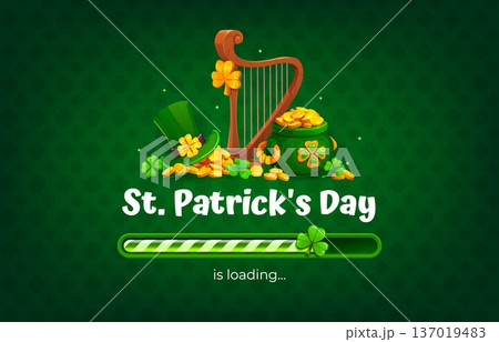 Happy St Patrick's day countdown loading bar with Irish harp, green leprechaun hat, pot of gold coins, shamrock clover and festive progress indicator. Cartoon vector holiday interface for celebration Happy St Patrick's day countdown loading bar with Irish harp, green leprechaun hat, pot of gold coins, shamrock clover and festive progress indicator. Cartoon vector holiday interface for celebration 137019483
