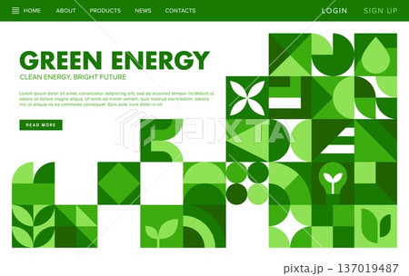 Green energy landing page with modern geometric pattern of leaves, sprouts and eco shapes. Eco friendly energy and clean technology, renewable energy, sustainable and energy conservation 137019487