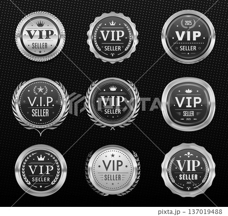 VIP seller silver badges and labels, award seals, medals with laurel wreaths and crowns. Premium silver vector badges for luxury branding, VIP promotions, exclusive quality certifications VIP seller silver badges and labels, award seals, medals with laurel wreaths and crowns. Premium silver vector badges for luxury branding, VIP promotions, exclusive quality certifications 137019488