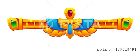 Ancient Egypt ornament, Egyptian divider border. Cartoon vector golden Egyptian separator ornament or amulet with wings and Coptic cross, highlighted with turquoise blue segments and green gemstones Ancient Egypt ornament, Egyptian divider border. Cartoon vector golden Egyptian separator ornament or amulet with wings and Coptic cross, highlighted with turquoise blue segments and green gemstones 137019491