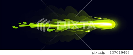 Cartoon green glowing game gun effect or magic power wave, wizard glow vfx light. Sorcerer magical attack, fantasy spell energy. Vector abstract smoke flow with neon sparkle, blast trail and glow 137019495