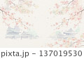 桜とお寺の水彩風背景素材 和紙テクスチャ 春の淡いピンク 幻想的な和風風景 137019530
