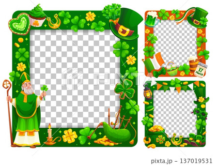 Happy Saint Patrick's Day kid photo frames for Irish holiday, vector templates. Photo frames with shamrock clover borders, St Patrick character and leprechaun hat with horseshoe, beer and bagpipe 137019531