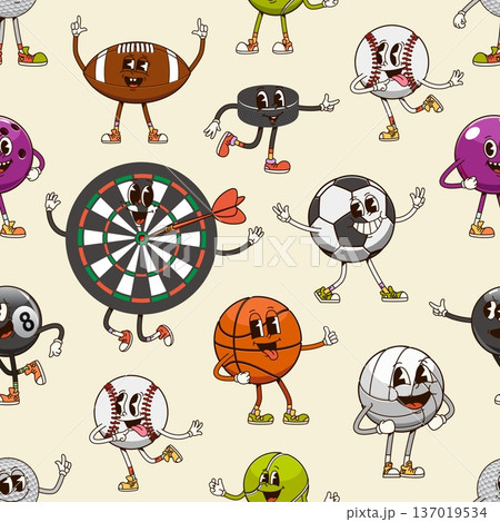 Groovy sport ball characters pattern. Cartoon vector seamless tile background with retro football, y2k soccer, hippie basketball and baseball. Funky billiard, hockey puck and dartboard sports mascots Groovy sport ball characters pattern. Cartoon vector seamless tile background with retro football, y2k soccer, hippie basketball and baseball. Funky billiard, hockey puck and dartboard sports mascots 137019534