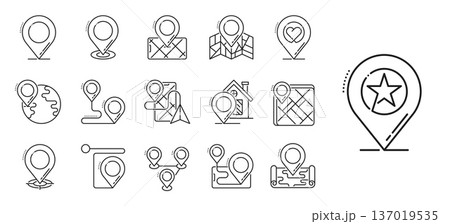 Location pam point icons, travel trip pictogram. Linear vector icons featuring location pins, globe, smartphone, paper airplane, house, map, and heart. Travel pictograms for mapping apps, trip planner Location pam point icons, travel trip pictogram. Linear vector icons featuring location pins, globe, smartphone, paper airplane, house, map, and heart. Travel pictograms for mapping apps, trip planner 137019535