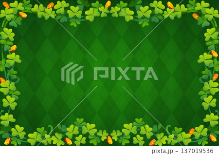 Happy St Patrick day shamrock clover frame with golden coins on green diamond background. Cartoon vector vibrant festive decoration border for Irish holiday celebration with lush trefoil leaf foliage 137019536