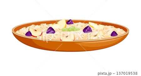 Cartoon oatmeal porridge food in wide ceramic bowl with apple slices, raspberry, seeds and oat flakes. Vector isolated healthy breakfast, cereal food with fruit topping, natural nutrition morning meal Cartoon oatmeal porridge food in wide ceramic bowl with apple slices, raspberry, seeds and oat flakes. Vector isolated healthy breakfast, cereal food with fruit topping, natural nutrition morning meal 137019538