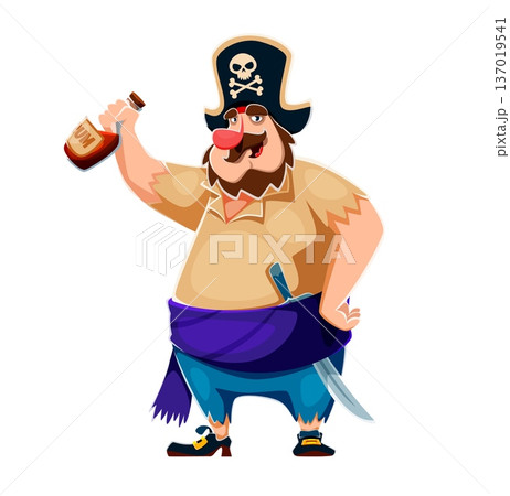 Cartoon pirate character holding a brown rum bottle. Corsair dressed in casual pirate clothes with a sword tucked at his waist. Funny vector bandit with beard and mustaches in blue pants 137019541