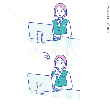 パソコン作業中に入力内容を確認して考える女性のイラストセット 137019573