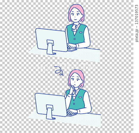 一組插圖，描繪了一位女性在電腦前工作時檢查輸入內容並思考的場景。 137019573