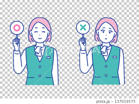 一組插圖，描繪了一位商務女性手持正確和錯誤答案卡片的場景。 137019575