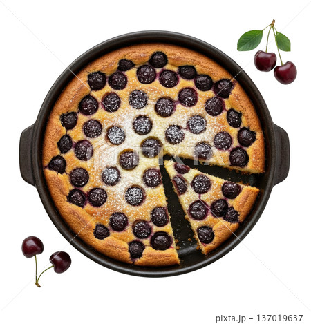 Cherry clafoutis dessert, baked cherry cake dusted sugar, rustic tart, sweet pastry treat 137019637