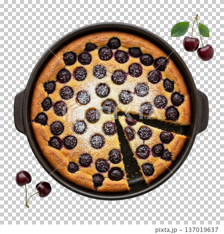 Cherry clafoutis dessert, baked cherry cake dusted sugar, rustic tart, sweet pastry treat 137019637