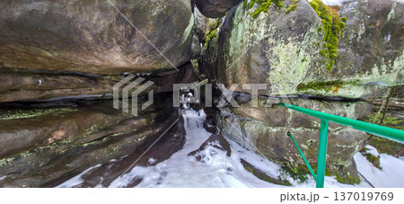 Rocks and rock formations on the Labyrinth Trail in Bledne Skaly in the Stolowe Mountains National Park. High quality photo 137019769
