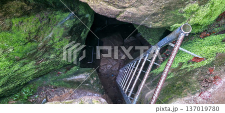 A metal ladder leading to the bottom of the cave. A narrow entrance to a stone cave in the mountains. High quality photo A metal ladder leading to the bottom of the cave. A narrow entrance to a stone cave in the mountains. High quality photo 137019780