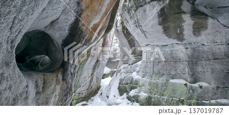 Rocks and rock formations on the Labyrinth Trail in Bledne Skaly in the Stolowe Mountains National Park. High quality photo 137019787