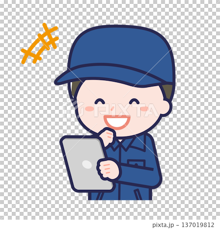 タブレットを使う「消防団員」の男性 137019812