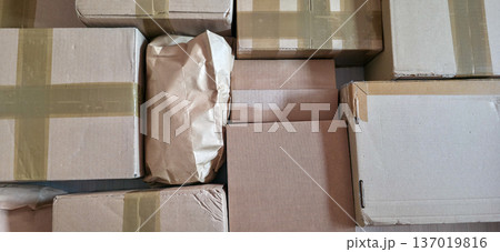 Cardboard boxes for storing and packing things. Organizing things in the house and when moving. High quality photo 137019816