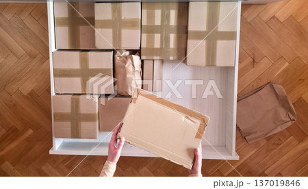 Cardboard boxes for storing and packing things. Organizing things in the house and when moving. High quality photo 137019846