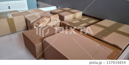 Cardboard boxes for storing and packing things. Organizing things in the house and when moving. High quality photo 137019854